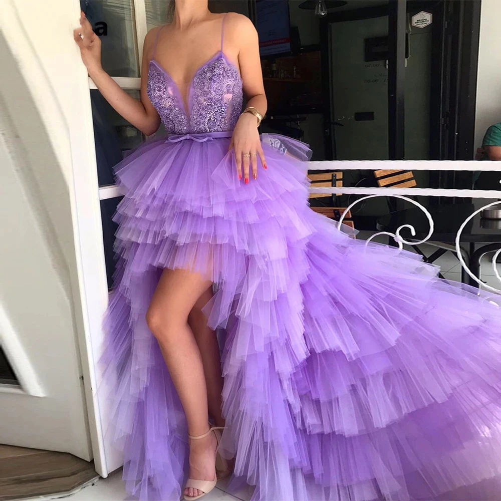 

Elegant Lavender A Line Hi-Lo Prom Dress Princess Spaghetti Tulle Pretty Girl Party Evening Gowns Lace Appliques Tiered Dresses