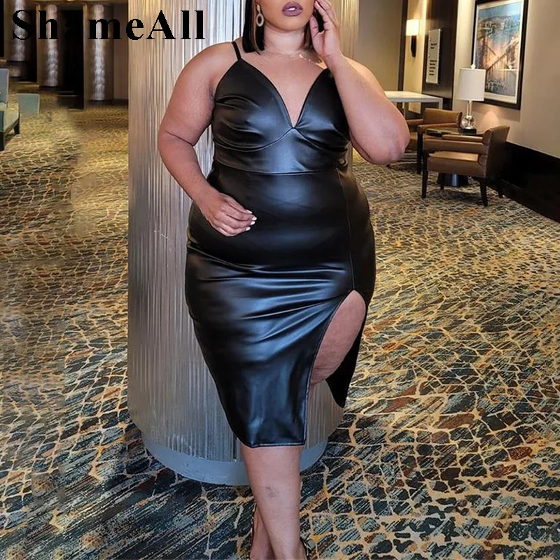 

Plus Size High Split Spaghetti Strap Pu Leather Bandage Dress 4xl V Neck Sling Sleeveless Party Night Club Bodycon Push Up Dress