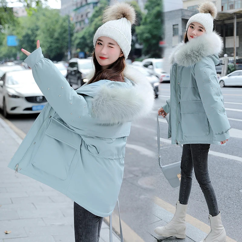 Winter Parkas Women Fashion Fur Collar Hooded Thicker Warm Solid Colors Cotton Coat Jacket with Pocket Zipper 5 Colors Oversize