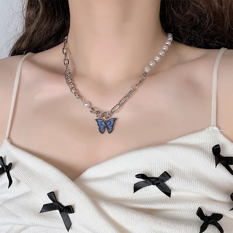 

Sweet and Cool Wind Silver Splice Pearl Butterfly Necklace for Women Hip Hop Chain Collar Pendant Necklace Jewelry New