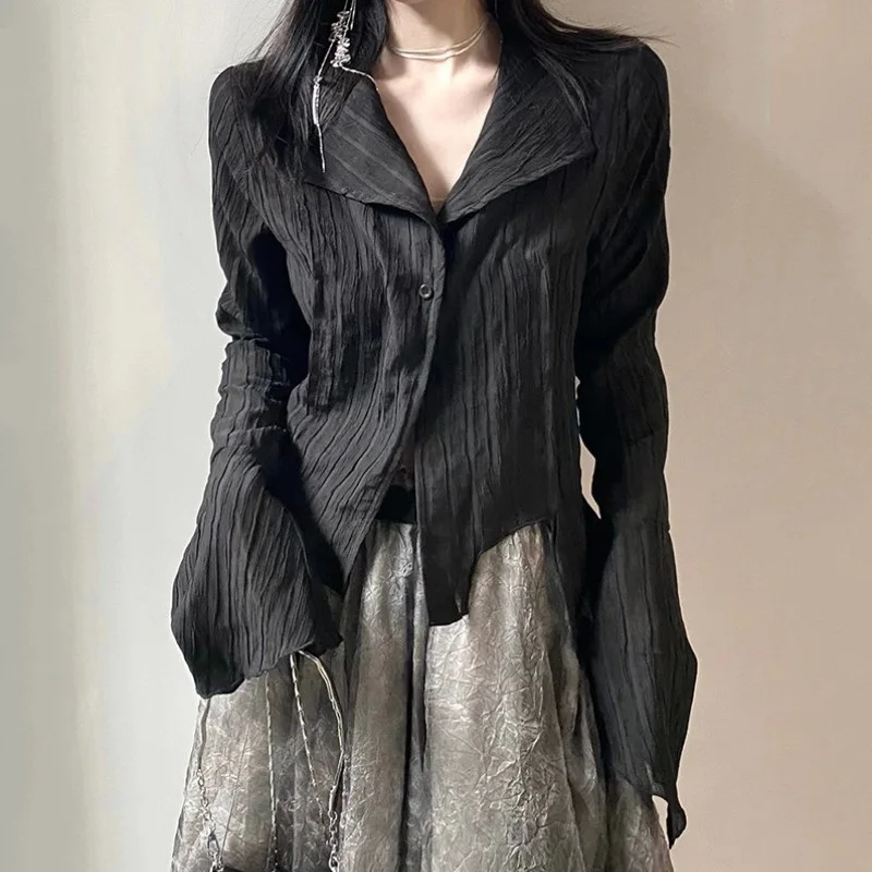 

2023New Gothic Black Shirt Yamamoto Style Dark Aesthetic Blouse Women Irregular Designer Clothes Emo Alt Clothes Grunge Tops Y2k