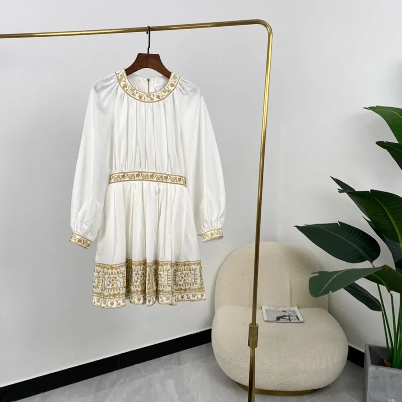 

Yellow Floral Embroidery High Waist Slim Fit Long Sleeve Vintage Linen Dresses 2022 Spring Autumn White Black Fashion A-Line