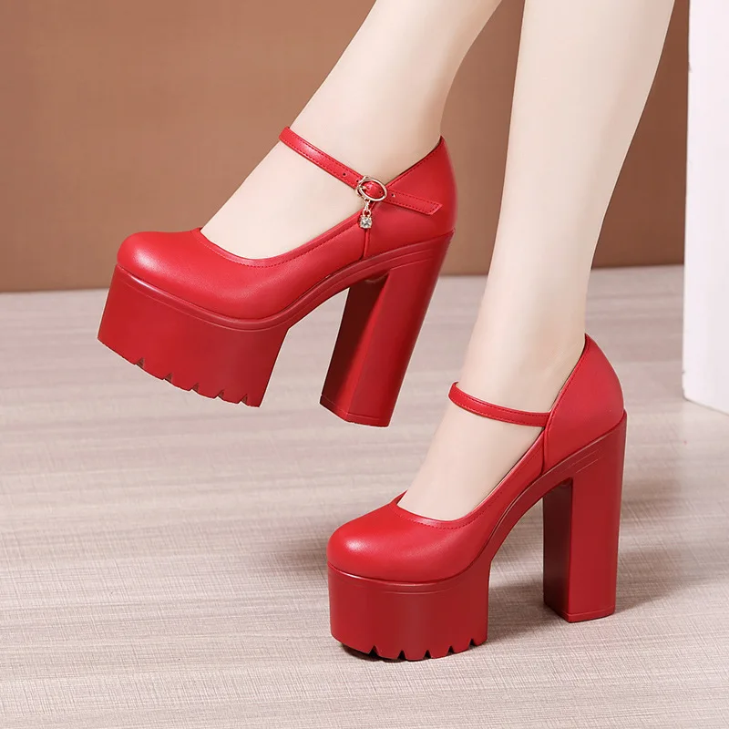 

Big Size New Elegant Office Women Party Ladies Sliver Red White Platform Pumps 15cm Thick High Heels Black Sexy Lady Shoes A0006