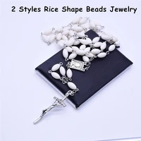 2 styles handmade religious jewelry prayer rice shape wooden acrylic beads natural cross necklace fashion unisex accessories