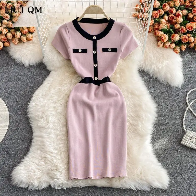 

Knitting Stretch Dress Women Summer New Female O-neck Short Sleeve Button Black/pink Mini Casual Pencil Bodycon Dress Vestidos