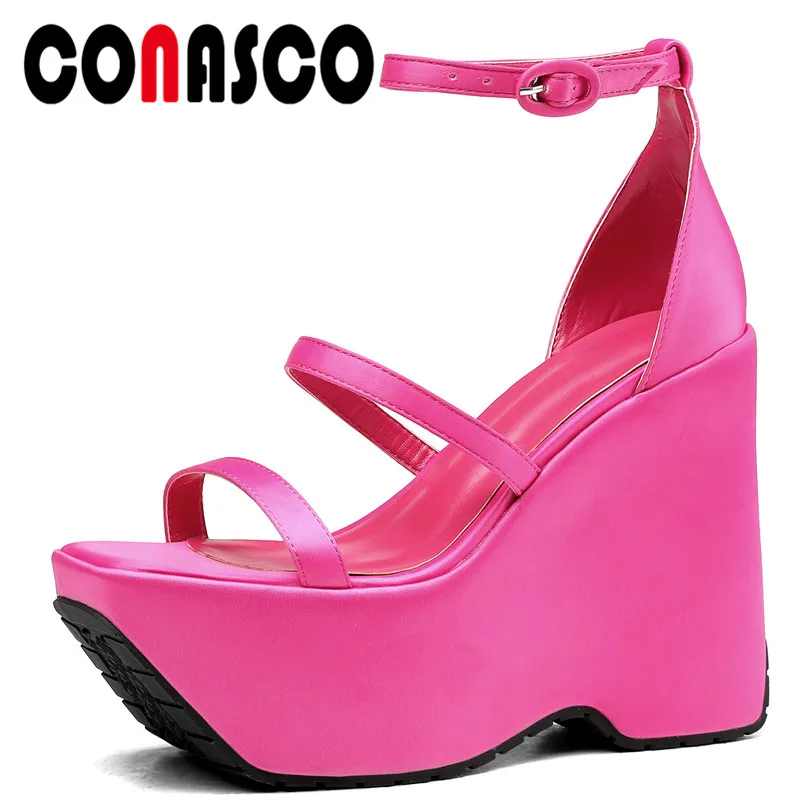 

CONASCO Sexy Fashion Women Sandals Summer Thin Strap Wedges Heels Ankle Strap Pumps High Platforms Night Club Party Shoes Woman