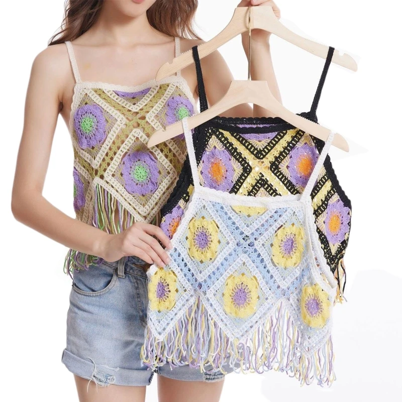 

Summer Travel Beach Crop Top Bikini Crochet Cover-ups Tank Short Camis Sleeveless Knitted Floral Pattern Sling Vest