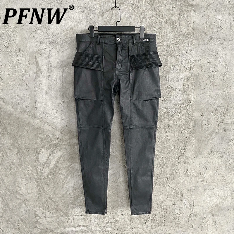 PFNW Spring Men's Darkwear Double Thread Loop Buckle Ribbon Cargo Pants Tide Brushed Wax Coating Splice Pencli Trousers 12Z1605