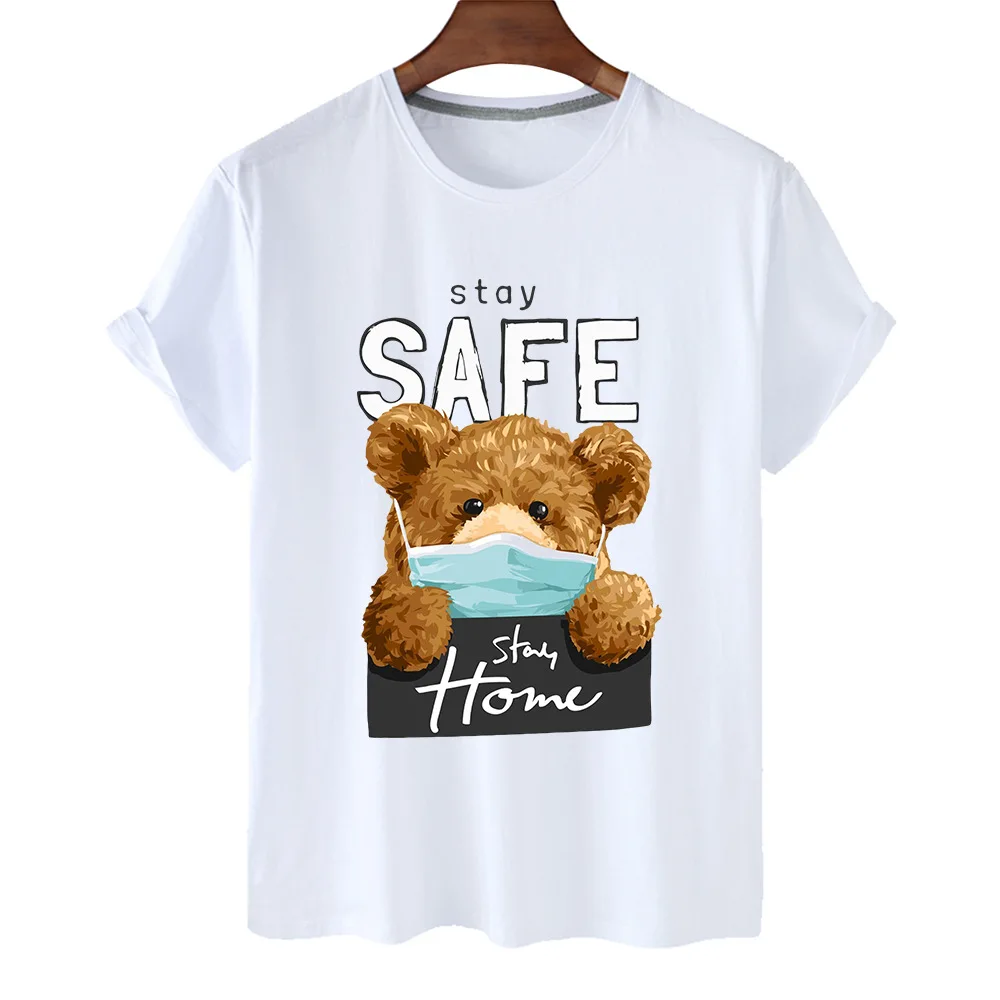 

100% Cotton Mask Bear Print Short-sleeved T-shirt Female Half-sleeved Summer Casual Couple Oversized T-shirt Ladies Shirt S-4xl