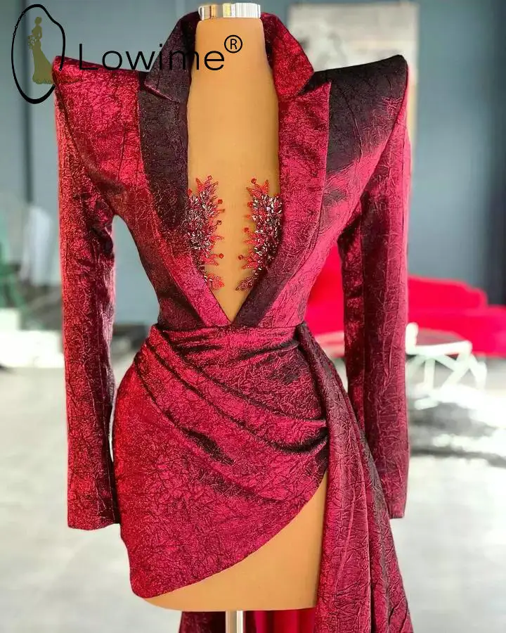 

2022 Dark Red Evening Dresses Luxury Jacket Long Sleeves Velvet Deep V Neck Sexy Overskirt Prom Party Gowns Formal Occasion Wear