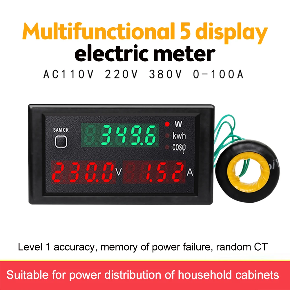 

220V 380V 100A AC Electric Display Voltage Current Active Power Factors KWH Voltmeter Ammeter Panel Meter Energy Wattmeter Reset