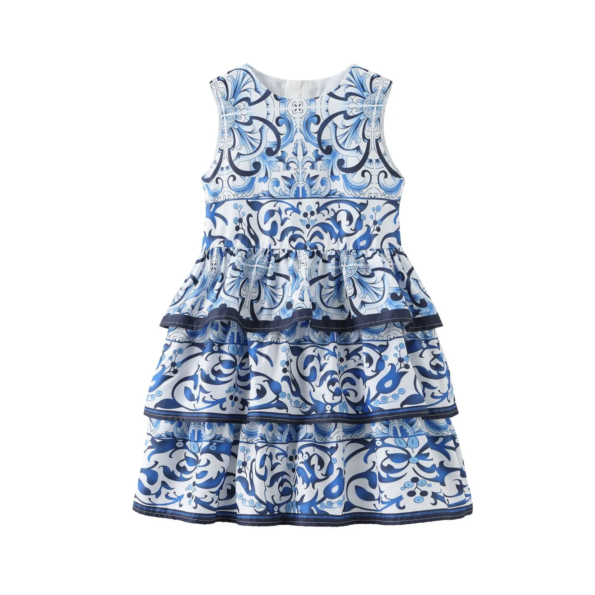 

JICUSYAN 2023 New Children Cake Summer Girl Blue White Porcelain Flower Vest Dress