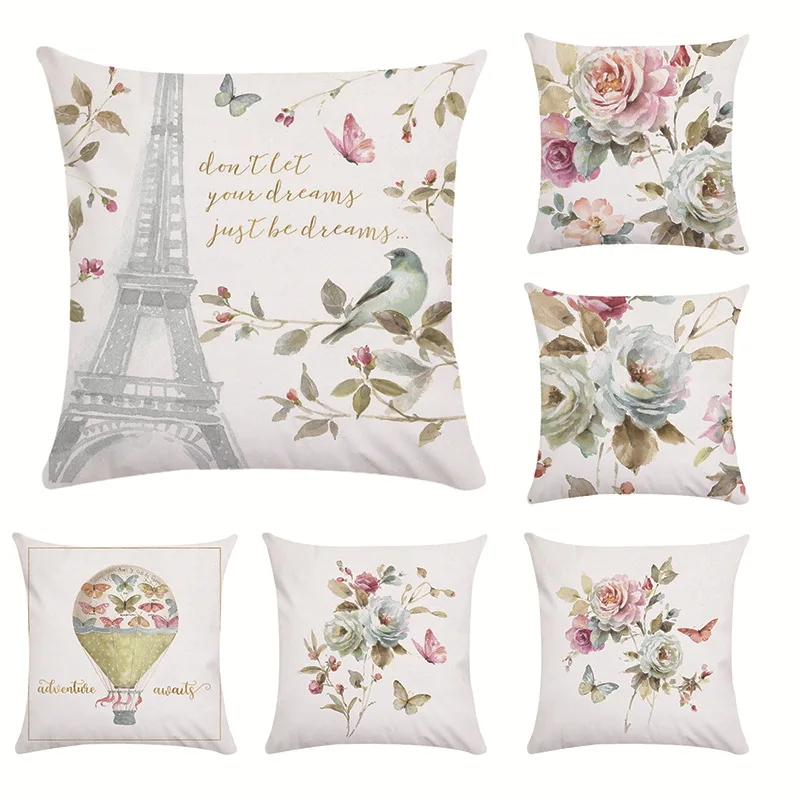 

Romantic Red Flower Palace Throw Pillow Case Vintage Eiffel Tower Cushion Cover for Home Sofa Chair Decorative Pillowcase Covers