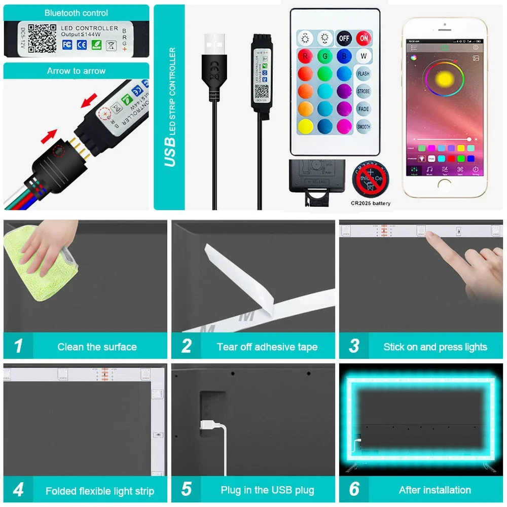 Светодиодная лента 1 м 2 3 5 Гибкая лампа USB Bluetooth светодиодное освещение RGB-лента