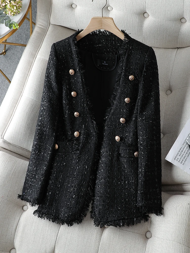 2023 Elegant Women Jacket Black White Plaid Casual Long Sleeve Double Breasted Female Clothing Office Ladies Formal Blazer Coat