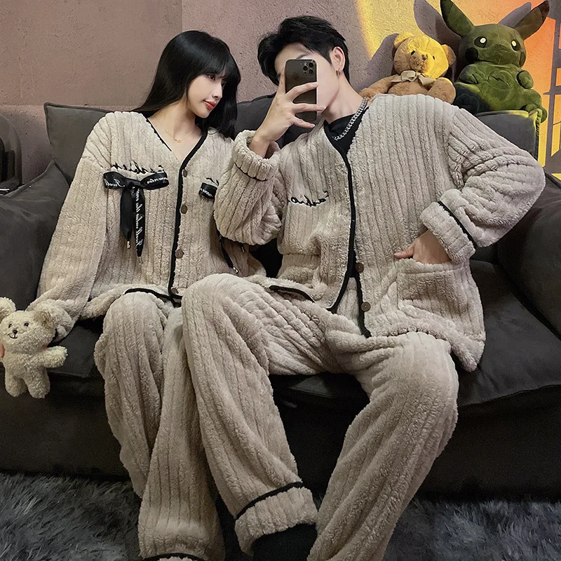 2022 Winter New Couple Home Clothes Women's Flannel Long-Sleeved Trousers Sleeping Wear Plus Velvet Thick Coral Fleece Pajamas