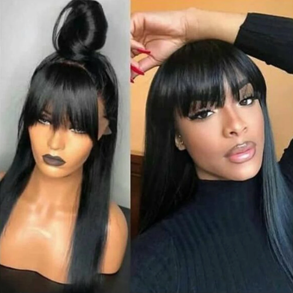 

SHEENREAL Human Hair Wigs With Full Bangs Silky Straight Peruvian Virgin Lace Front Wig 13x4 Preplucked For Black Women