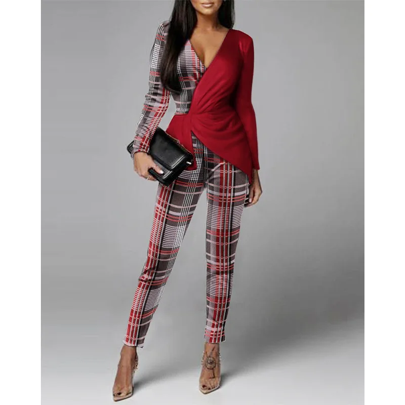 

Elegant woman jumpsuits fashion color matching plaid striped long-sleeved sexy jumpsuit autumn new professional wear 2022