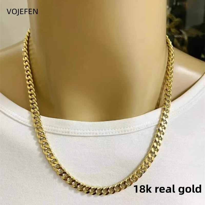

VOJEFEN Genuine 18K Cuban Necklaces Jewelry For Women/Men Original AU750 Real Gold Cuban Chain Long Choker Neck Luxury Jewellery
