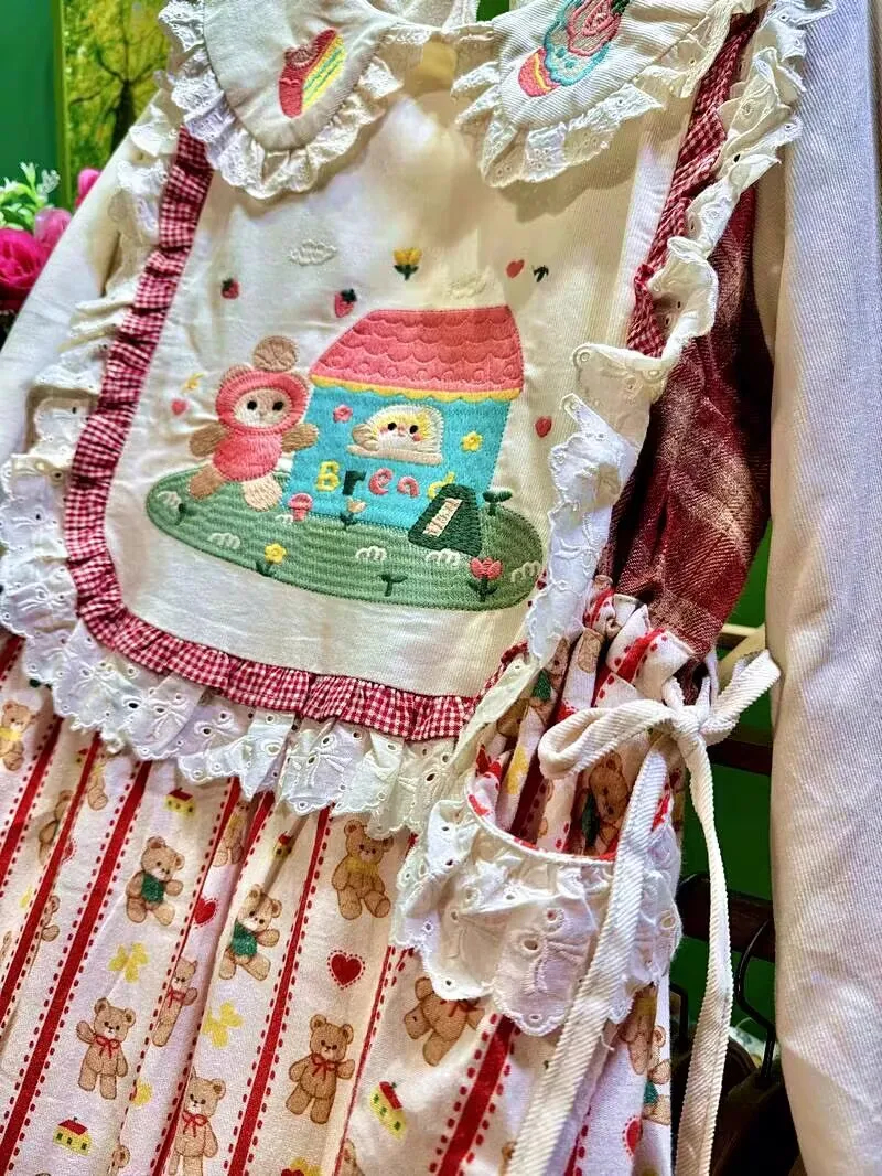 Фото Женское флисовое платье с кружевными вставками в стиле Mori Girl, Harajuku, Cottagecore, Goblincore, Shabby Chic, Kawaii, Lolita, вельветовое платье №2