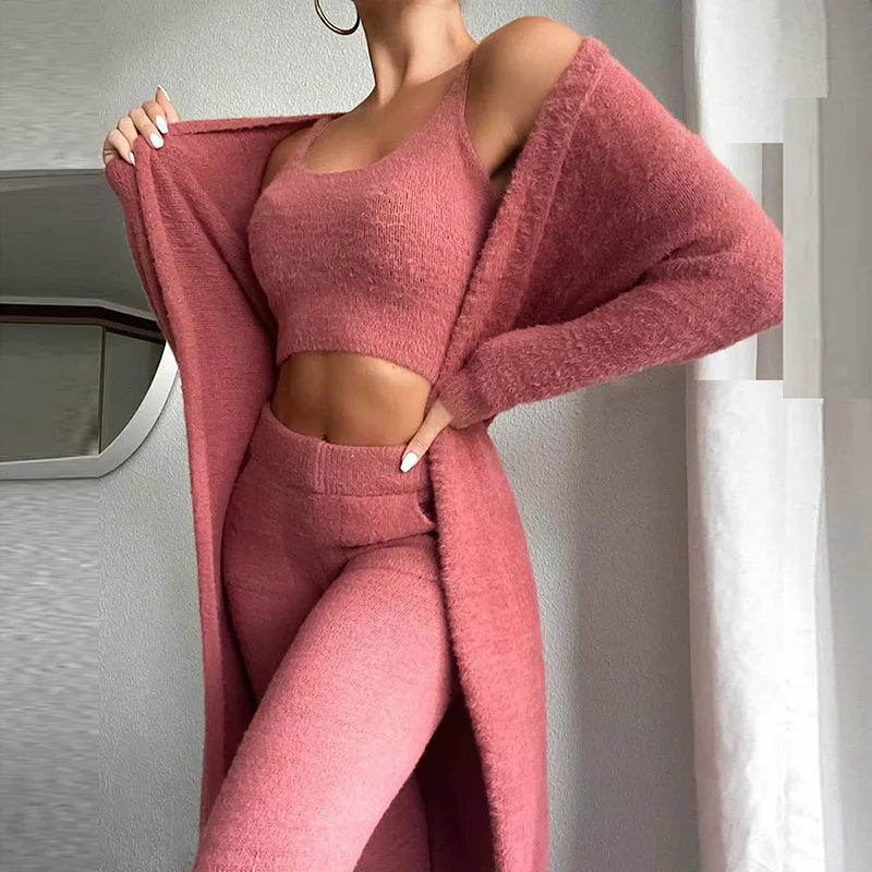 

Home Wear Casual Women's Three-piece Suit Sexy Off-shoulder Cropped Top and Trousers Winter Soft and Fluffy Three-piece Suit