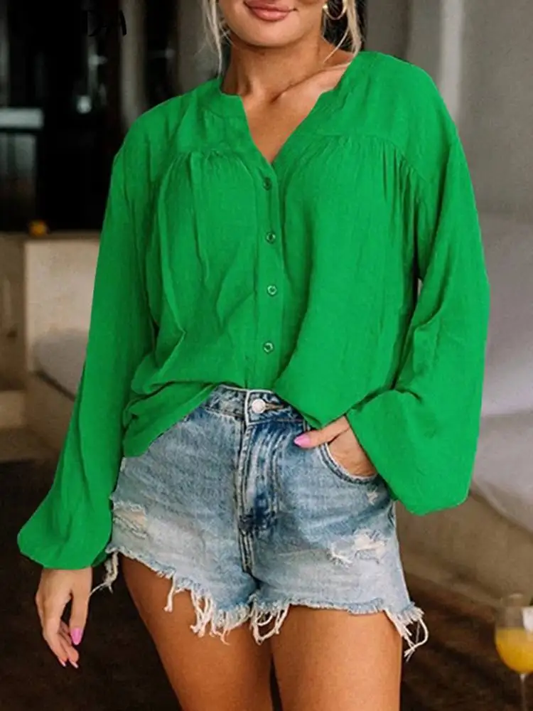 

Women Long Sleeve Shirts VONDA Vintage Fashion Buttons Solid Tunic Tops 2023 Autumn V-neck Casual Loose Party OL Blusas Blouses