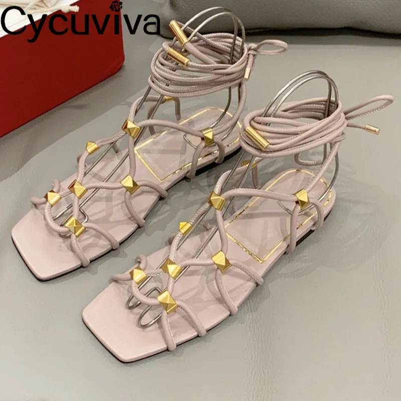 

New Golden Nails Studded Flat Sandals Women Sexy Open Toe Lace Up Dress Shoes Ladies Summer Vacation Beach Walking Sandals Women