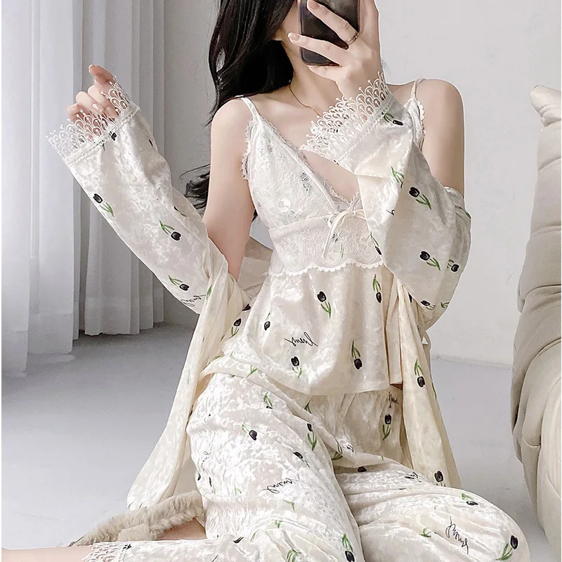 Велюровая одежда для сна с цветочным принтом домашняя осень 2024 новая ночная