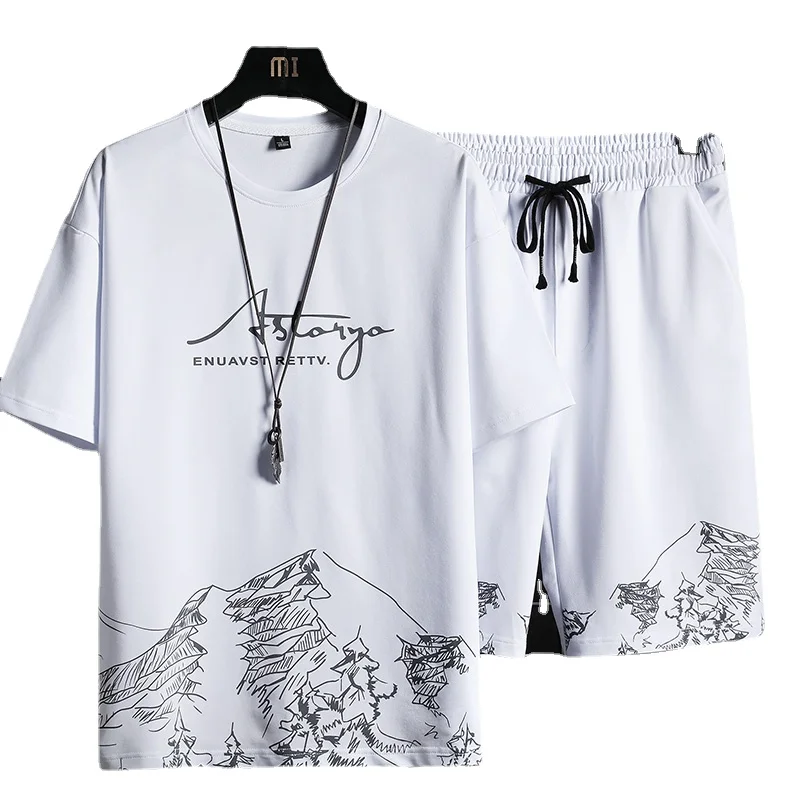 Men's T-shirt + Shorts Set Summer Breathable Casual T shirt Running Set Fashion Harajuku Printed Male Sport Suit 2022 New