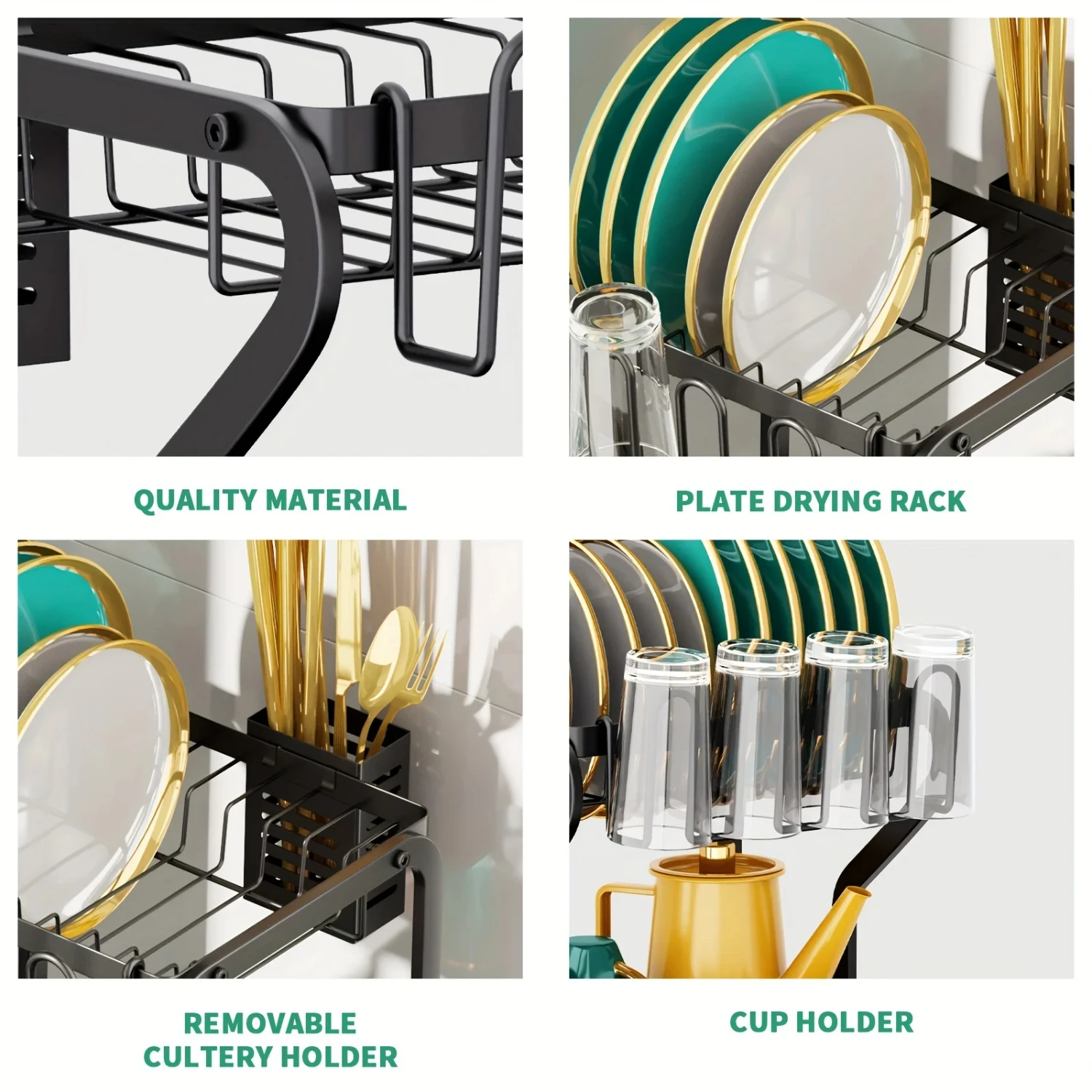 2-Tier Dish Rack with Drainboard Drying Utensil and Cup Holders - Dishes Knives Spoons