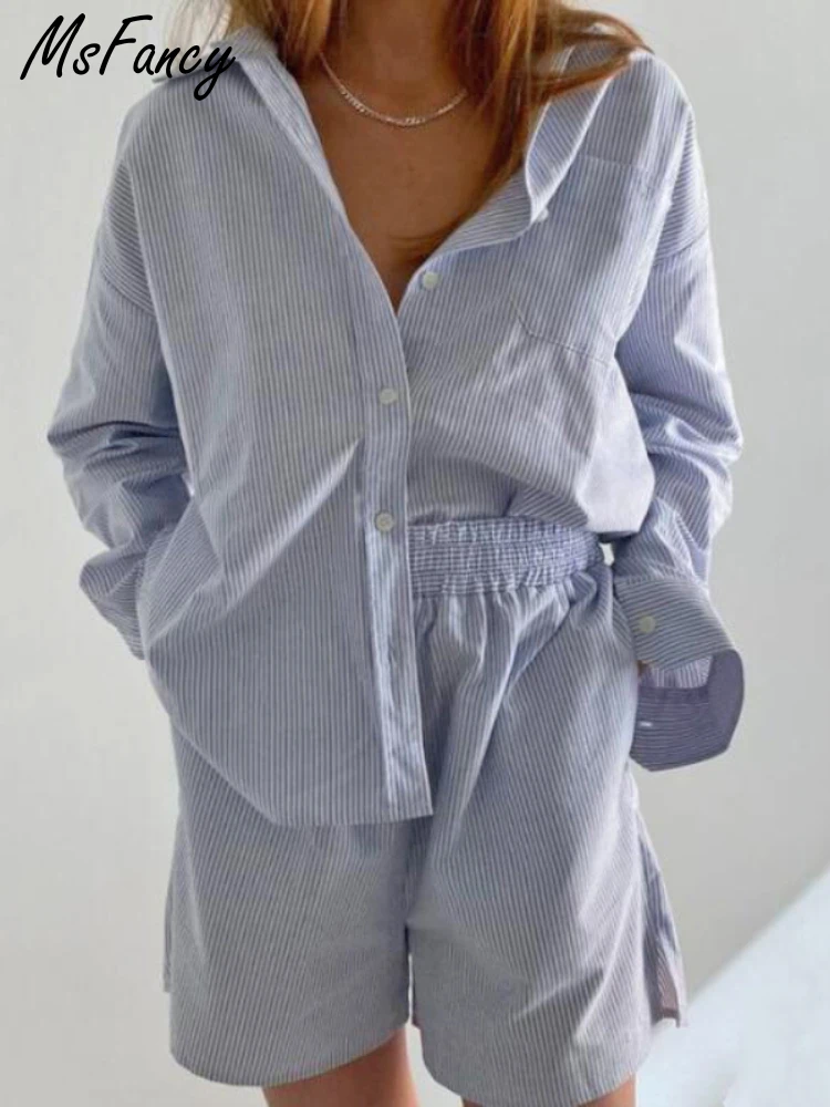 

Рубашка Msfancy, короткие комплекты, женская рубашка с длинным рукавом, пижама, синие полосатые шорты с высокой талией, Женский комплект из двух...