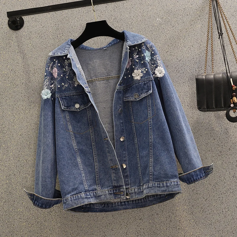 

Embroidered Flower Denim Jacket 4XL Women's Coat 2022 Spring Autumn Vintage Beading Jeans Jacket Outwear Casual Female Tops
