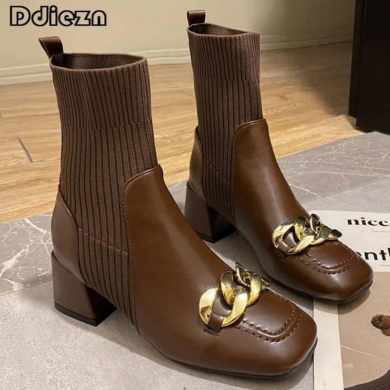 

Женские короткие ботильоны с мехом, женские современные эластичные ботинки с металлическим носком, теплая Осенняя обувь, туфли-лодочки на к...