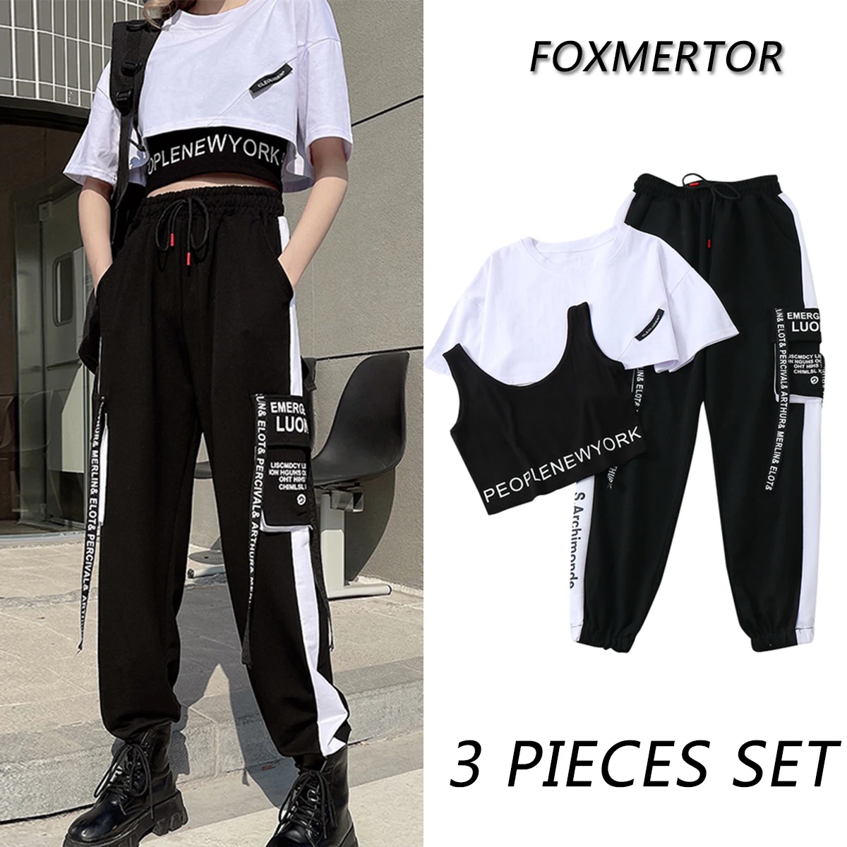 Suit Set Streetwear Outfit Harajuku Short Sleeve 2023 Trousers Crop Tops Tee Shirt #tz05