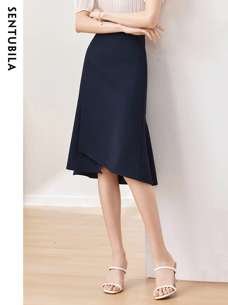 

Sentubila Casual Empire Solid Elegant Skirt for Women 2023 Fashion A-Line Summer Asymmetrical Slim Summer Midi Skirt Office Lady