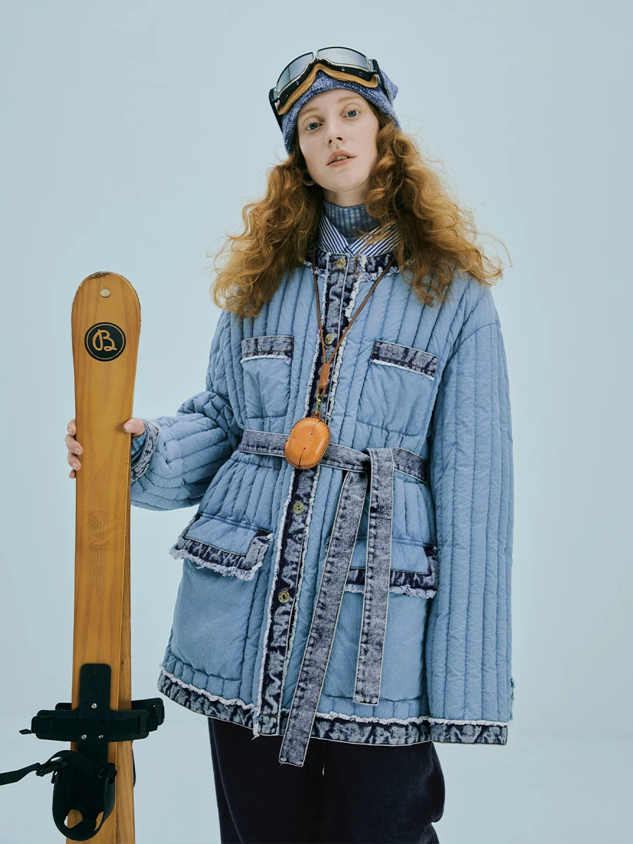 

IRINACH994 FW22 коллекция оригинальный дизайн джинсовый лоскутный O-образный вырез белый утиный пуховик куртка юбка комплект для женщин зима