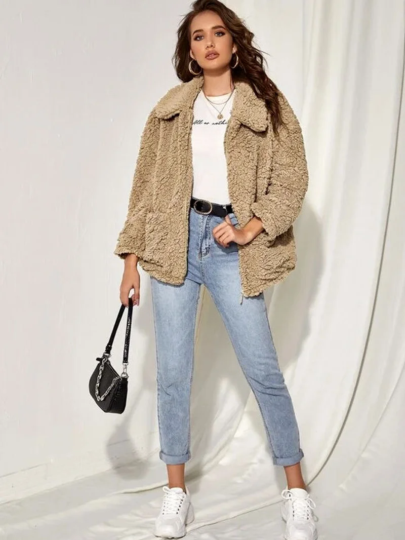 Imitation Lamb Wool Coat Women Autumn Winter Warm Thick Faux Fur Coats Solid Colors Zipper Style Furry Jackets Fashion Outwears