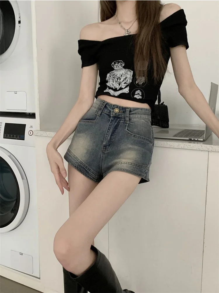 HOUZHOU Vintage Kpop Jeans Shorts Korean Style High Waist Distressed Denim Short Pants Female Harajuku Streetwear American Retro