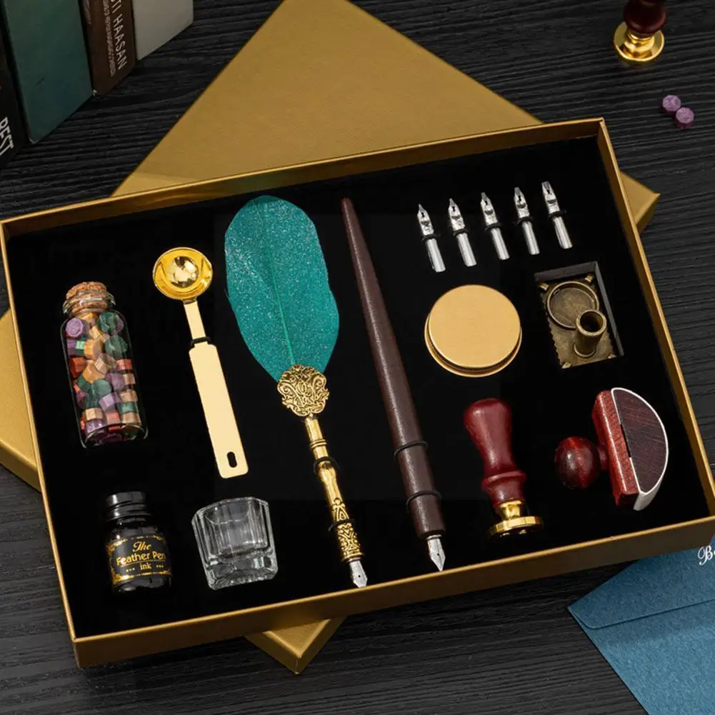 

Vintage Feather Dip Fountain Pen Sets Calligraphy Writing Blotter Pen Set Pen Stationery Stamp School Ink Supplies Dip Hold H3m8