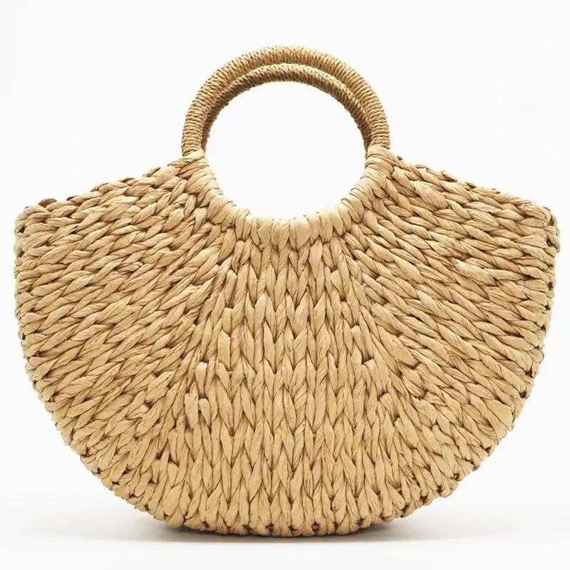 

2023 New Handmade Bag Women Pompon Beach Weaving Ladies paper Straw Bag Wrapped Beach Bag Moon shaped Bag