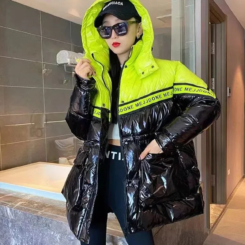 Down Jacket Women's 2022 Winter New Mid-Length Hooded Coat Bright Color Matching Waist Loose White Duck Feather Parkas Female