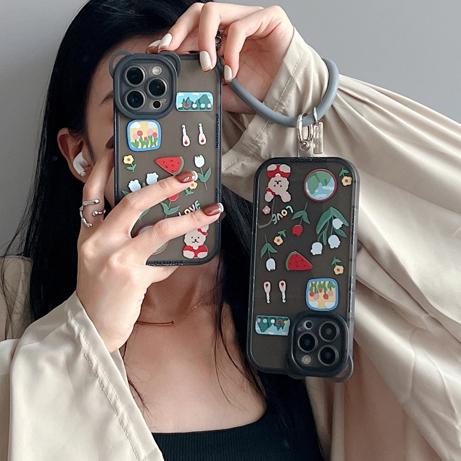 

Прозрачный чехол из ТПУ для iPhone 13, с буквами, цветами, арбузом, браслетом, чехлом для телефона iPhone 12, 11 Pro Max, X, XR, XSMax, прозрачный черный
