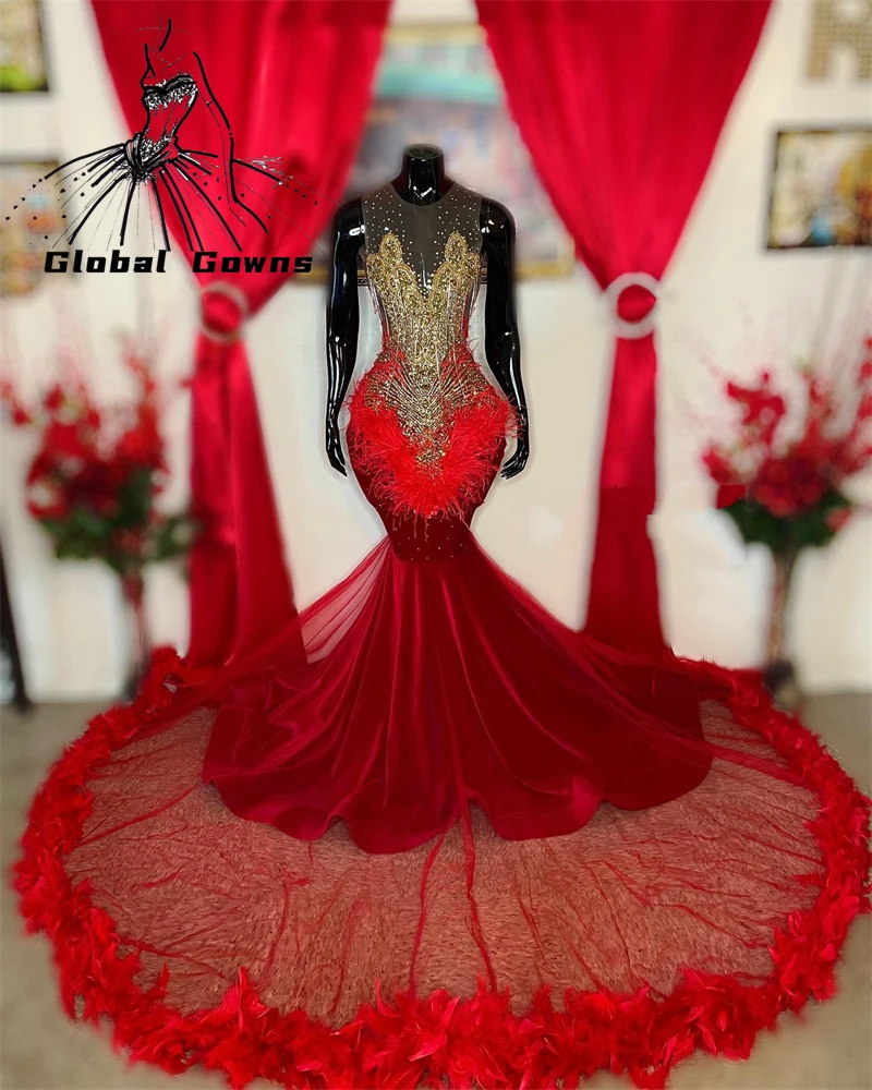

Red Velvet O Neck Long Prom Dresses For Black Girls 2023 Feathers Birthday Party Dress Appliques Evening Gown Tulle Robe De Bal