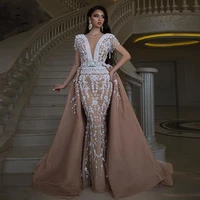 fashionable lace applique beading detachable skirt banquet evening dress mermaid prom dress