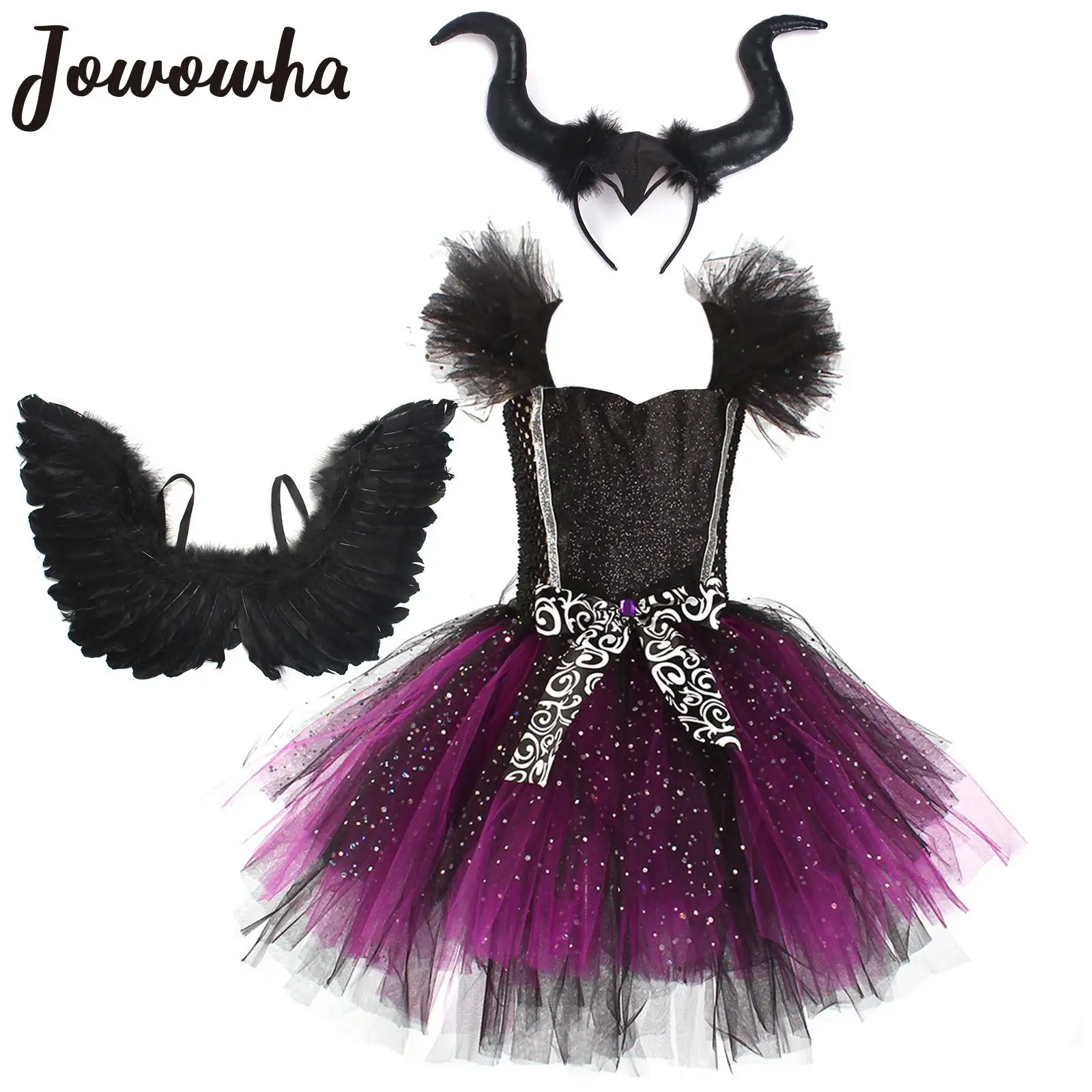 

Halloween Toddler Girls Kids Vampire Witch Costume Sequin Tulle Tutu Cosplay Dress with Devil Wings and Horns Fancy Dress Outfit