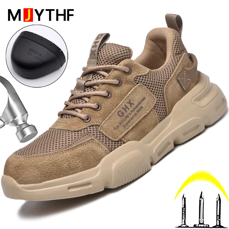 

MJYTHF Pigskin Work Safety Shoes Men Foot Protective Shoes Anti-smash Anti-puncture Work Sneakers Steel Toe Shoes Indestructible