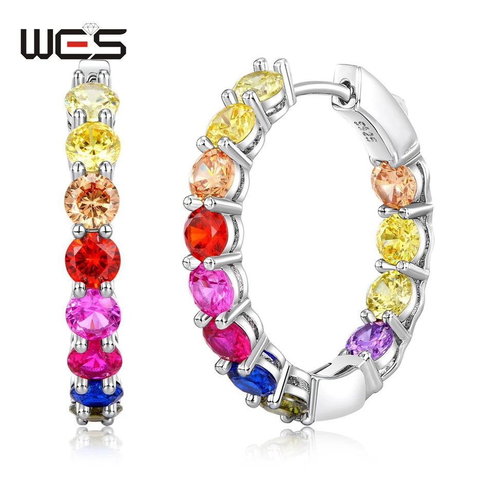 

WES 925 Sterling Silver Earrings for Women Rainbow Colorful Zicron 4*4mm Gemstone Wedding Engagement Birthday Gift Jewelry