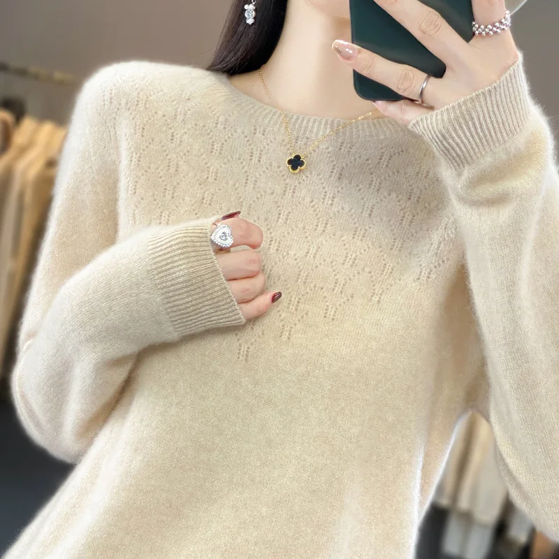 Женский свитер Осень-зима 2024 Повседневные пуловеры с круглым вырезом и вырезами