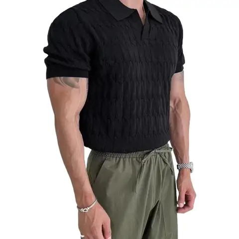Футболка мужская с отложным воротником, однотонная трикотажная жаккардовая рубашка с V-образным вырезом, эластичная сорочка средней длины с короткими рукавами, свободного покроя, на лето