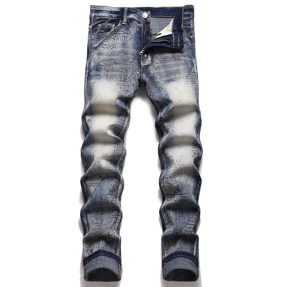 

Rock punk style design Men Pattern Print Jeans Slim Tapered Stretch Cotton Pants Streetwear Trousers grey jeans for men